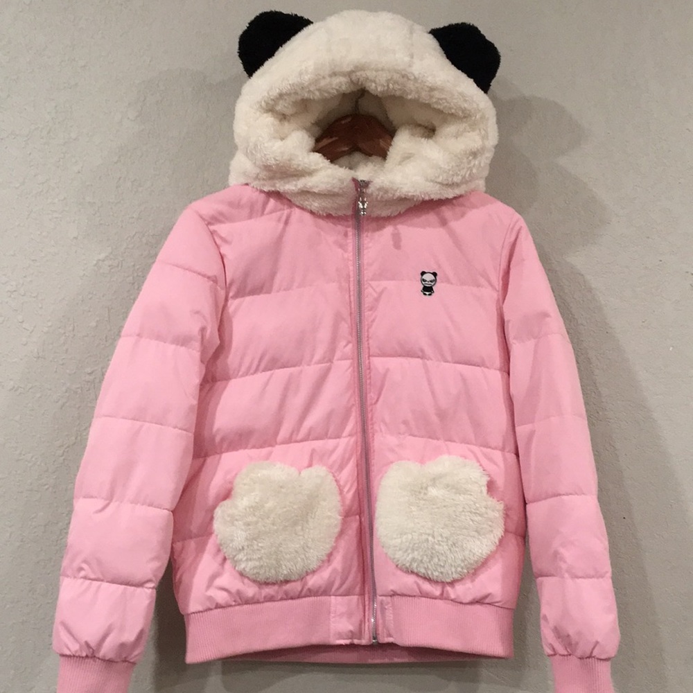 Hipanda Girls Sz XL Panda Quilted Puffer Coat Winter Faux Fur Hood Ears Designer